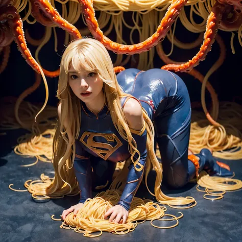 Accurately detailed Supergirl、1/6th scale adult figure、(((A huge amount of spaghetti-like tentacle figures)))、Spaghetti-like tentacles wrap around the entire body、((Supergirl has a ton of spaghetti wrapped around her body))、I stretch out my arms and struggle to crawl out.、