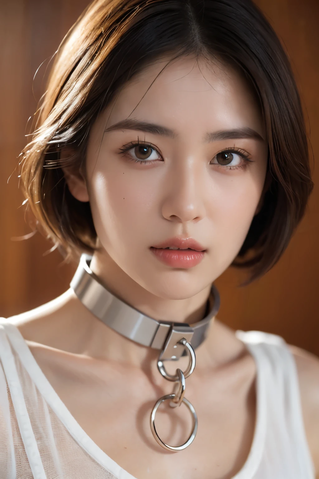 (nsfw:-2.0), (realistic, photo-realistic:1.4), (masterpiece, best quality:1.2), RAW photo, high resolution, intricate details, extremely detailed, realistic and sharp details, portrait, (bust shot, frontal photography:1.5),  looking at viewer, solo, a Japanese woman, (cropped white camisole top), dark hair, short bob hair, (detailed face, beautiful detailed eyes, long eyelashes, beautiful pupils, sophisticated nose), collarbone, (iron collar, chained), pale skin, fine-textured skin, sweaty, shiny skin, photo background, indoors, 