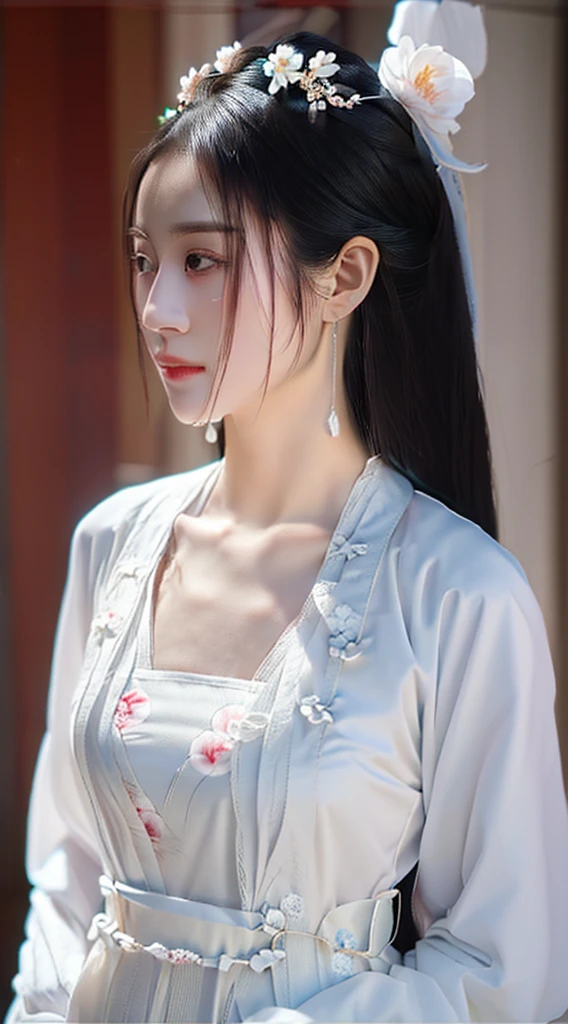 Wearing a white dress、Araffe lady with flowers on her head, palace ， Girl wearing Hanfu, White Hanfu, Beautiful Chinese model, Light milky white porcelain skin, Inspired by Gu An, Wearing Chinese clothing, Chinese Girl, Wearing Chinese clothes, Ruan Jiamei!, Chinese woman, style of guo hua