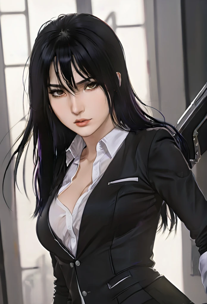 (masterpiece high quality, modern clothes) half body, 24 years, caitlyn, black hair, 1girl, long hair, bangs, black attire, normal , messy hair, white top suit, black clothes, anime style character, highly detailed exquisite fanart, realistc anime, black eyes, pistol on the waist
