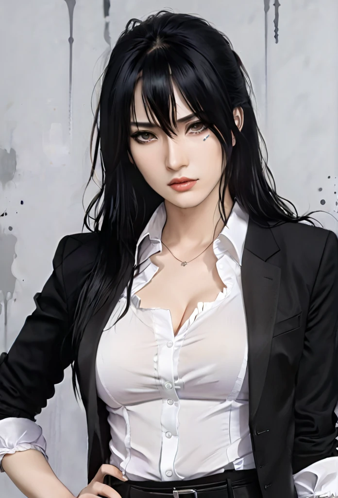 (masterpiece high quality, modern clothes) half body, 24 years, caitlyn, black hair, 1girl, long hair, bangs, black attire, normal , messy hair, white top suit, black clothes, anime style character, highly detailed exquisite fanart, realistc anime, black eyes, pistol on the waist
