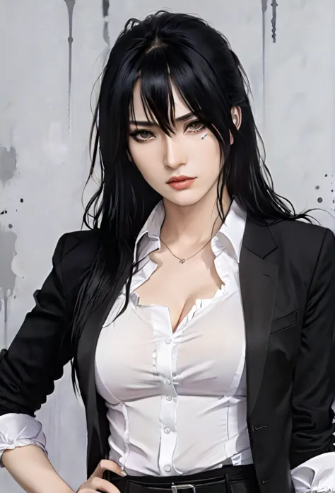 (masterpiece high quality, modern clothes) half body, 24 years, caitlyn, black hair, 1girl, long hair, bangs, black attire, norm...