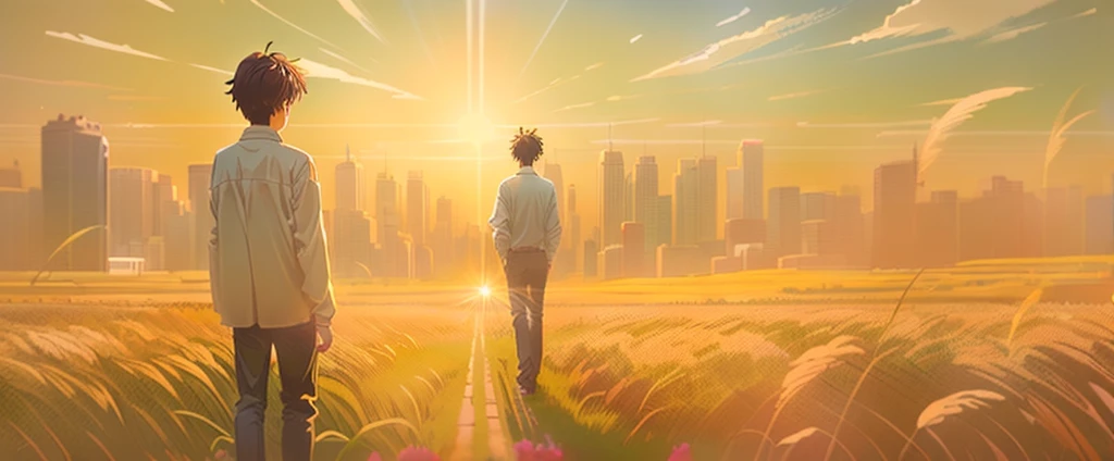 Un vieil homme se tenait dos au soleil dans un champ rempli d&#39;herbes hautes, style de Shinkai Makoto, ( ( Shinkai Makoto ) ), Shinkai Makoto Cyril Rolando, Shinkai Makoto, in style de Shinkai Makoto, Style Lofi, Film de Makoto Shinkai, lofi style, Studio Ghibli Soleil