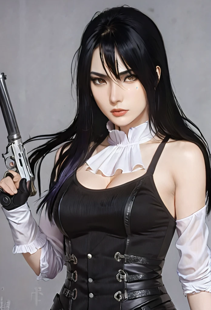 (masterpiece high quality, modern clothes) face focuss, 3x4 , 24 years, caitlyn, black hair, 1girl, long hair, bangs, black attire, normal , messy hair, white top suit, black clothes, anime style character, highly detailed exquisite fanart, realistc anime, black eyes, pistol on the waist
