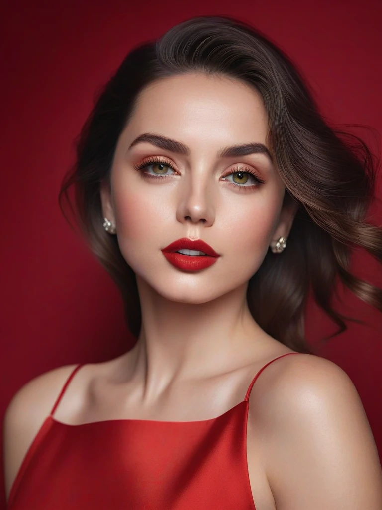 (best quality,4k,8k,highres,masterpiece:1.2),ultra-detailed,(realistic,photorealistic,photo-realistic:1.37),beautiful eyes,beautiful lips,detailed face,red lipstick,gorgeous woman, red dress, elegant fashion model,elegant look,long eyelashes,confident expression,flawless skin,posing gracefully,flowing fabric, red soft and silky material, graceful movement,vibrant colors,artistic lighting,studio photo shoot, dreamy atmosphere, all read background