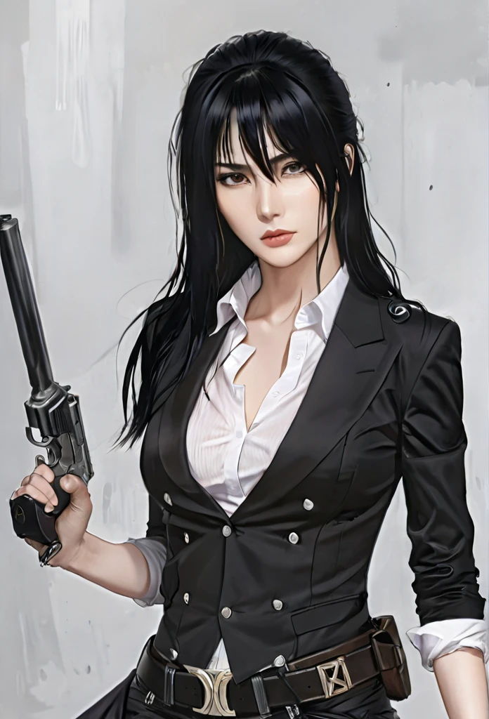 (masterpiece high quality, modern clothes) face focuss, 3x4 , 24 years, caitlyn, black hair, 1girl, long hair, bangs, black attire, normal , messy hair, white top suit, black clothes, anime style character, highly detailed exquisite fanart, realistc anime, black eyes, pistol on the waist, gun 1911
