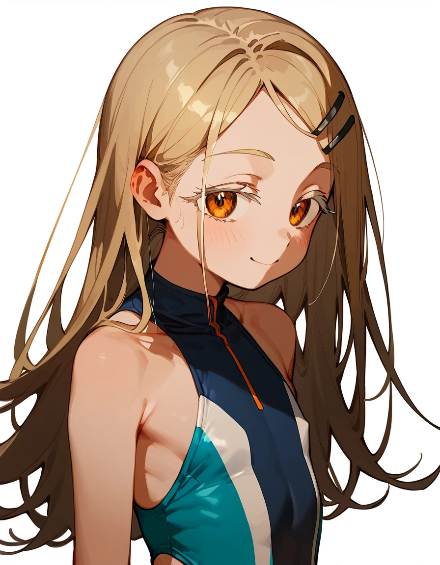 Highest quality, masterpiece, No correction, Beark 1 dhibi girl,shinosawa hiro,thin,Orange eyes,White eyelashes,Blonde,Long Hair,Hair Clip,flat chest,white background,highleg swimsuit,black,smile,from side,