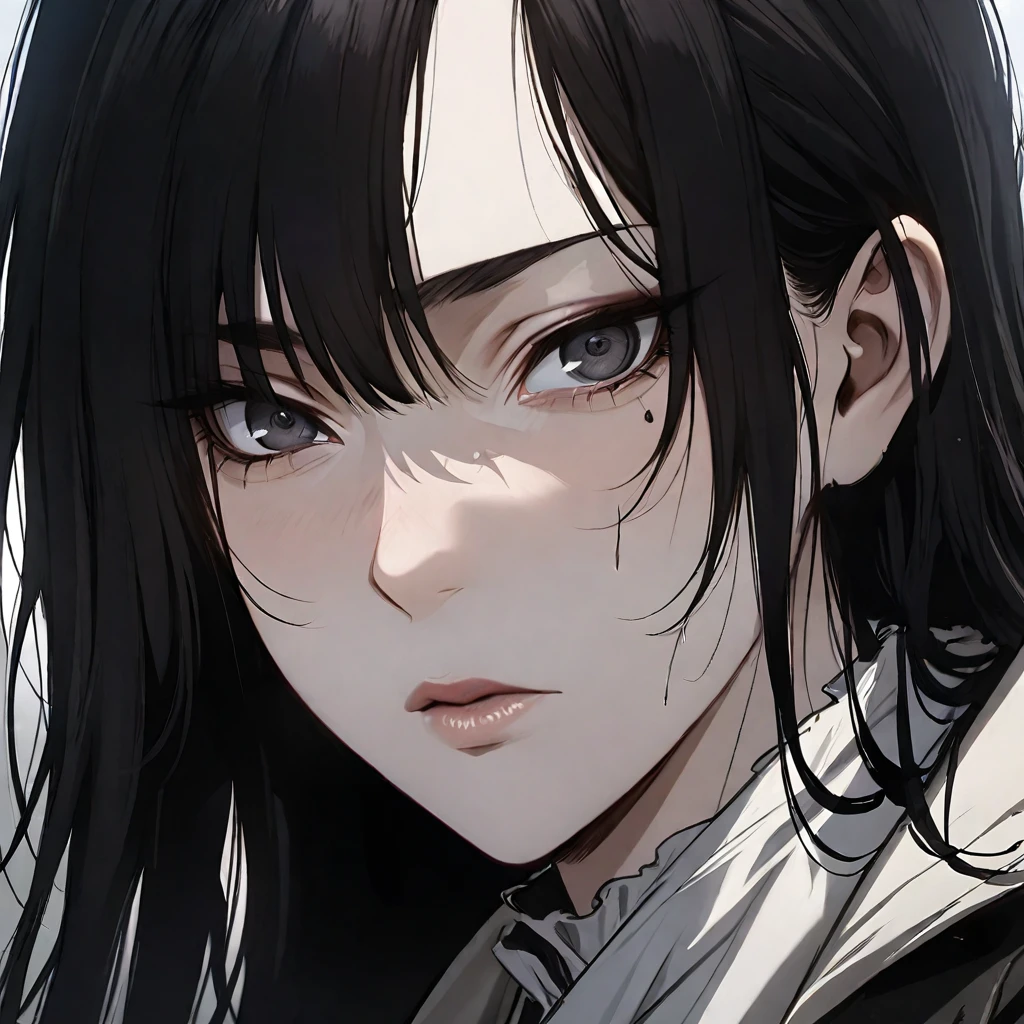 (masterpiece high quality, modern clothes, face close-up 3x4, arcane, caitlyn, black hair, 1girl, long hair, bangs, black attire, messy hair, white top suit, black clothes, anime style character, highly detailed exquisite fanart, realistic anime, black eyes)