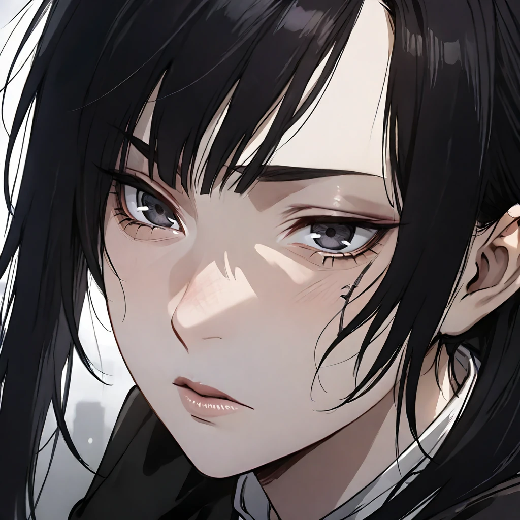 (masterpiece high quality, modern clothes, face close-up 3x4, arcane, caitlyn, black hair, 1girl, long hair, bangs, black attire, messy hair, white top suit, black clothes, anime style character, highly detailed exquisite fanart, realistic anime, black eyes)