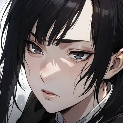 (masterpiece high quality, modern clothes, face close-up 3x4, arcane, caitlyn, black hair, 1girl, long hair, bangs, black attire...