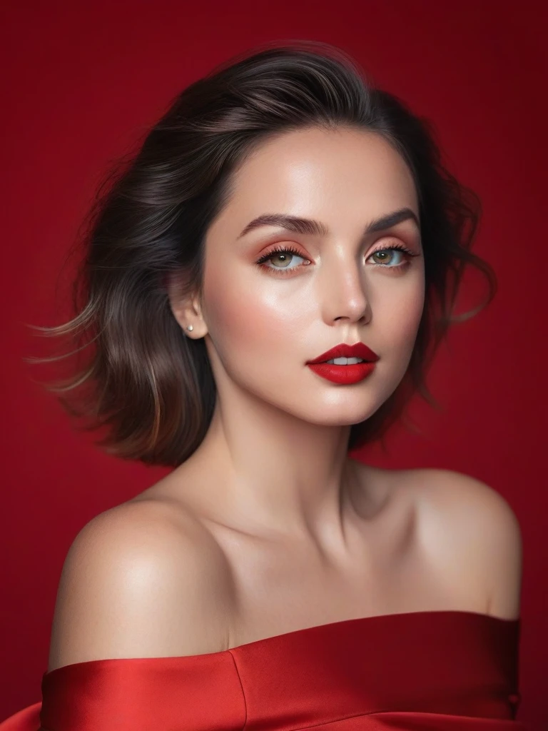 (best quality,4k,8k,highres,masterpiece:1.2),ultra-detailed,(realistic,photorealistic,photo-realistic:1.37),beautiful eyes,beautiful lips,detailed face,red lipstick,gorgeous woman, red dress, elegant fashion model,elegant look,long eyelashes,confident expression,flawless skin,posing gracefully,flowing fabric, red soft and silky material, graceful movement, vibrant colors,artistic lighting, studio photo shoot, half body frame, dreamy atmosphere, all red background