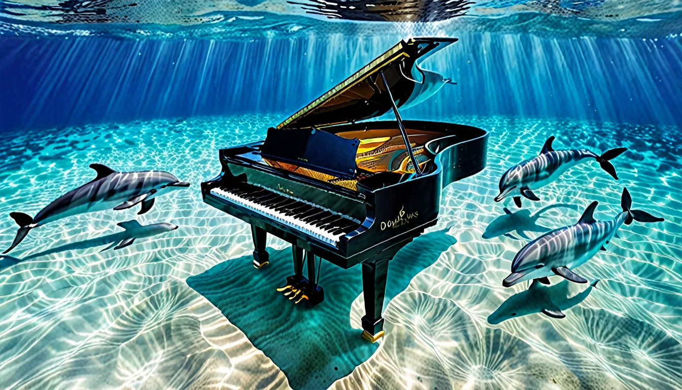 Un grand piano placé sous l'eau dans une eau cristalline。dauphins are swimming、dauphins２tête、Vague、L'océan s'étend en profondeur