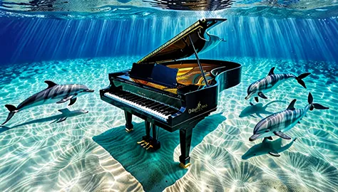 A grand piano placed underwater in crystal clear water。Dolphins are swimming、Dolphins２head、Wave、The ocean stretches deep