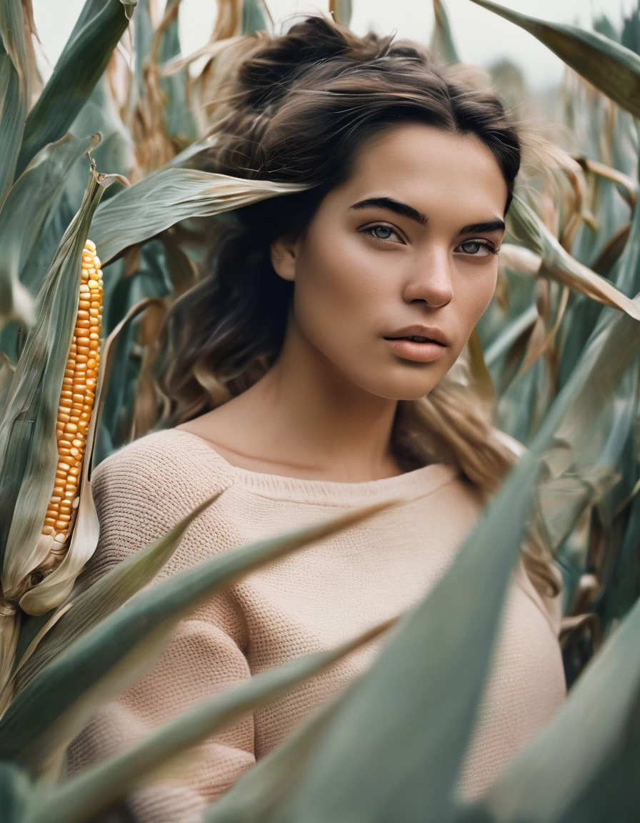 (Dramatic full shot:1.4), (Best quality:1.4),(dynamic angle:1.3), 25y, (chubby:1.3), 1uzbek girl, wearing ((orange sweater torn dress)), big breast, wavy  bun hairstyle blowing in the wind, summer, dark moody, beautiful shadow and sunlight, intricate posing, standing in the garden with (dry corn plants:1.5), aesthetic atmosphere, kodacrhome, cinematic lighting, masterpiece composition, realistic face and eyes, realistic skin, ultra highly detailed, sharp focus, beautiful film bokeh, surreal view, shot by zenit camera with 35mm lens, Portrait by annie leibovitz, in 2024