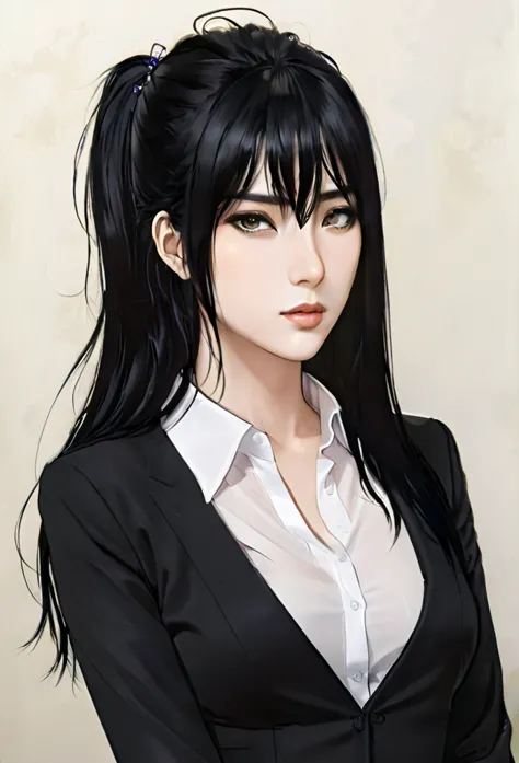 (masterpiece high quality, modern clothes) face focuss, 3x4 , 24 years, caitlyn, black hair, 1girl, long hair, bangs, black atti...