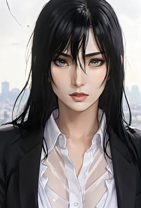 (masterpiece high quality, modern clothes) face focuss, 3x4 , 24 years, caitlyn, black hair, 1girl, long hair, bangs, black atti...