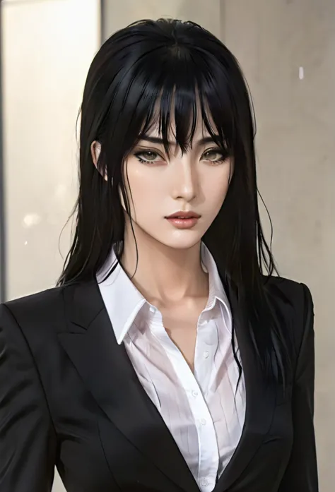 (masterpiece high quality, modern clothes) face focuss, 3x4 , 24 years, caitlyn, black hair, 1girl, long hair, bangs, black atti...