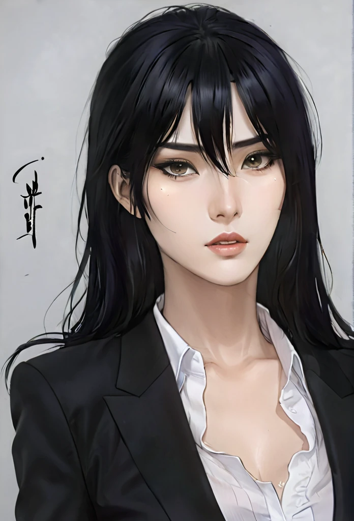 (masterpiece high quality, modern clothes) face focuss, 3x4 , 24 years, caitlyn, black hair, 1girl, long hair, bangs, black attire, normal , messy hair, white top suit, black clothes, anime style character, highly detailed exquisite fanart, realistc anime, black eyes