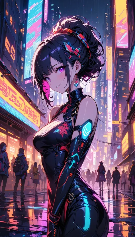 masterpiece, best quality,  ((smile)) cyberpunk girl standing, chinese style cyberpunk body straps, bold colors and patterns, ey...