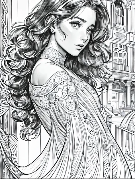 (Black and white coloring book:1.5), line drawings, masterpiece, best quality, ultra-detailed, high resolution, Very detailed face, (Eyes clear and distinct lines), Hair is white color, Full body shot,  Woman in an elegant and glamorous evening dress like in a Hollywood movie, Hyper detailed crisp black line draw, ((simple white color))