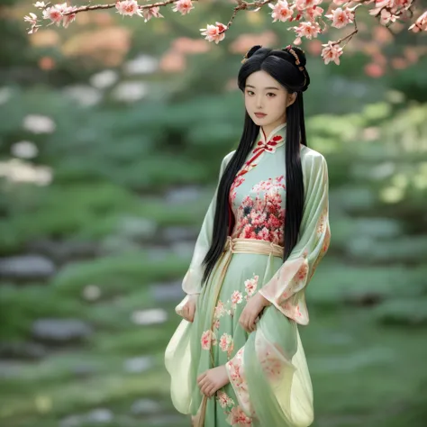 a stunning chinese girl in an elegant crimson ming dynasty hanfu, adorned with intricate gold embroidery depicting delicate flor...