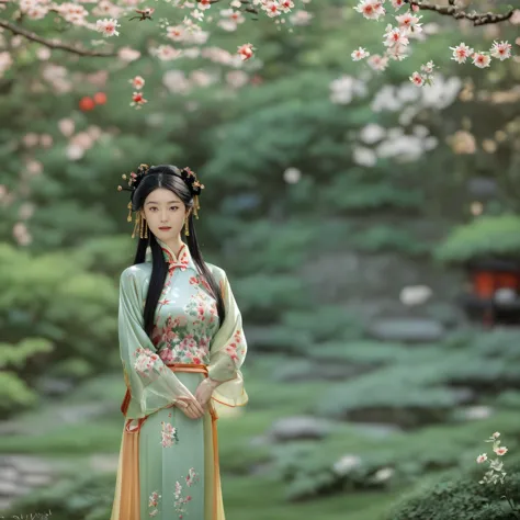 a stunning chinese girl in an elegant crimson ming dynasty hanfu, adorned with intricate gold embroidery depicting delicate flor...