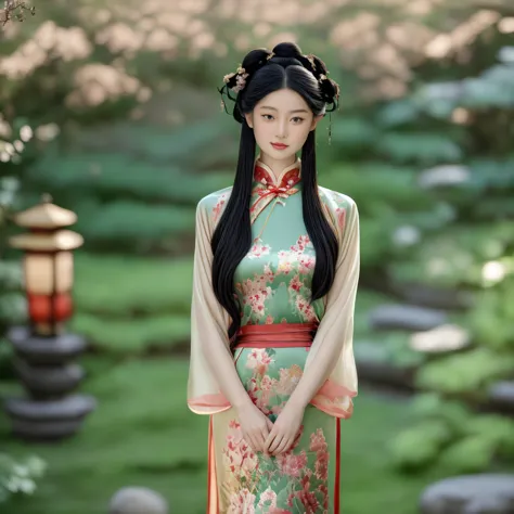 a stunning chinese girl in an elegant crimson ming dynasty hanfu, adorned with intricate gold embroidery depicting delicate flor...