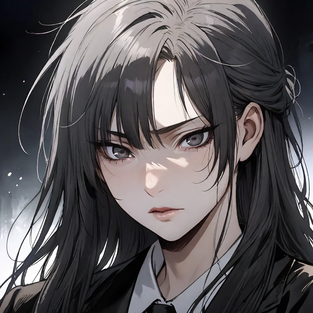 (masterpiece high quality, modern clothes, face close-up 3x4, arcane, caitlyn, gray hair, 1girl, long hair, bangs, black attire, messy hair, white top suit, black clothes, anime style character, highly detailed exquisite fanart, realistic anime, black eyes)