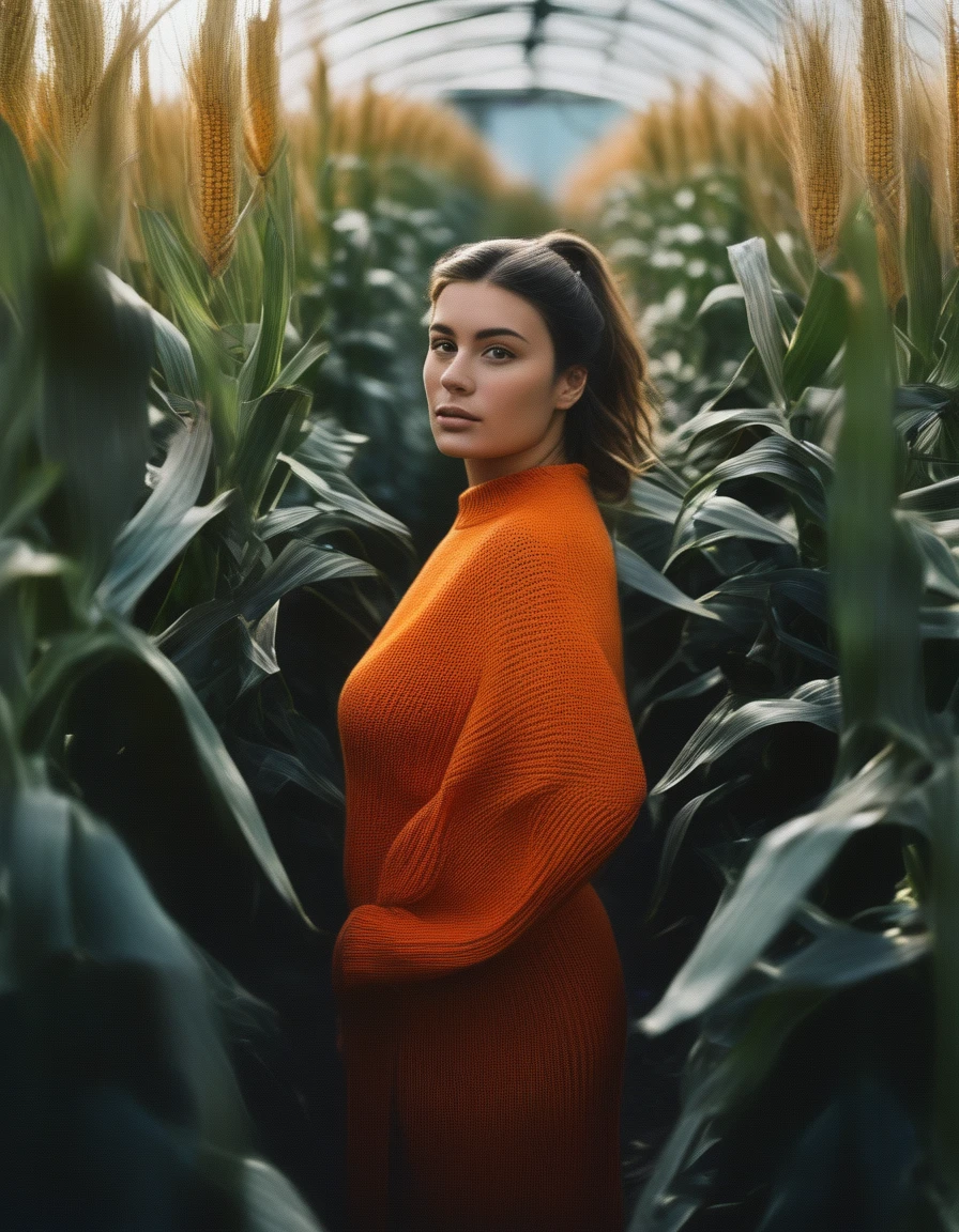 (Dramatic full shot:1.4), (Best quality:1.4),(dynamic angle:1.3), 25y, (chubby:1.3), 1uzbek girl, wearing ((orange sweater torn dress)), big breast, wavy  bun hairstyle blowing in the wind, summer, dark moody, beautiful shadow and sunlight, intricate posing, standing in the garden with (dry corn plants:1.5), aesthetic atmosphere, kodacrhome, cinematic lighting, masterpiece composition, realistic face and eyes, realistic skin, ultra highly detailed, sharp focus, beautiful film bokeh, surreal view, shot by zenit camera with 35mm lens, Portrait by annie leibovitz, in 2024