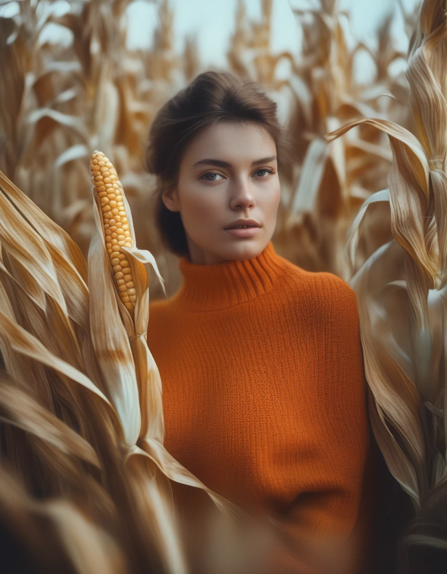 (Dramatic full shot:1.4), (Best quality:1.4),(dynamic angle:1.3), 25y, (chubby:1.3), 1uzbek girl, wearing ((orange sweater torn dress)), big breast, wavy  bun hairstyle blowing in the wind, summer, dark moody, beautiful shadow and sunlight, intricate posing, standing in the garden with (dry corn plants:1.5), aesthetic atmosphere, kodacrhome, cinematic lighting, masterpiece composition, realistic face and eyes, realistic skin, ultra highly detailed, sharp focus, beautiful film bokeh, surreal view, shot by zenit camera with 35mm lens, Portrait by annie leibovitz, in 2024