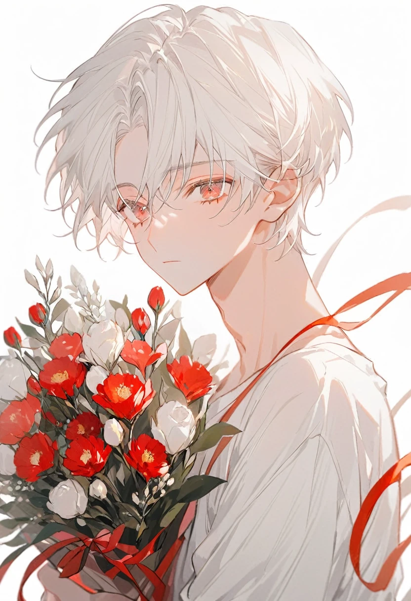 Soft lines、boy、White Hair、short hair、((((Hold Light Red Bouquet))))、💐💐💐💐💐💐💐💐💐💐💐、Upper Body、whiteＴshirt、White Background、front、look at me