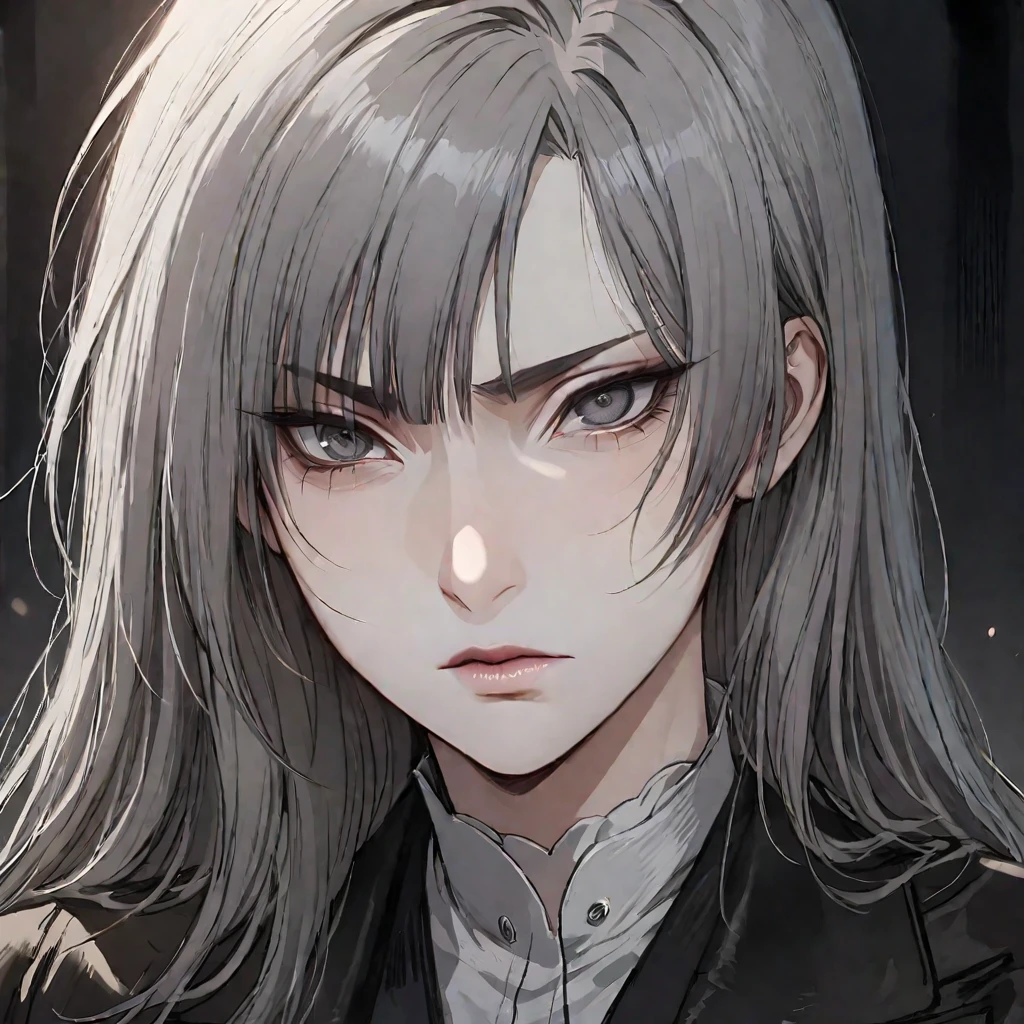 (masterpiece high quality, modern clothes, face close-up 3x4, arcane, caitlyn, gray hair, 1girl, long hair, bangs, black attire, messy hair, white top suit, black clothes, anime style character, highly detailed exquisite fanart, realistic anime, black eyes, curativo na bochecha)