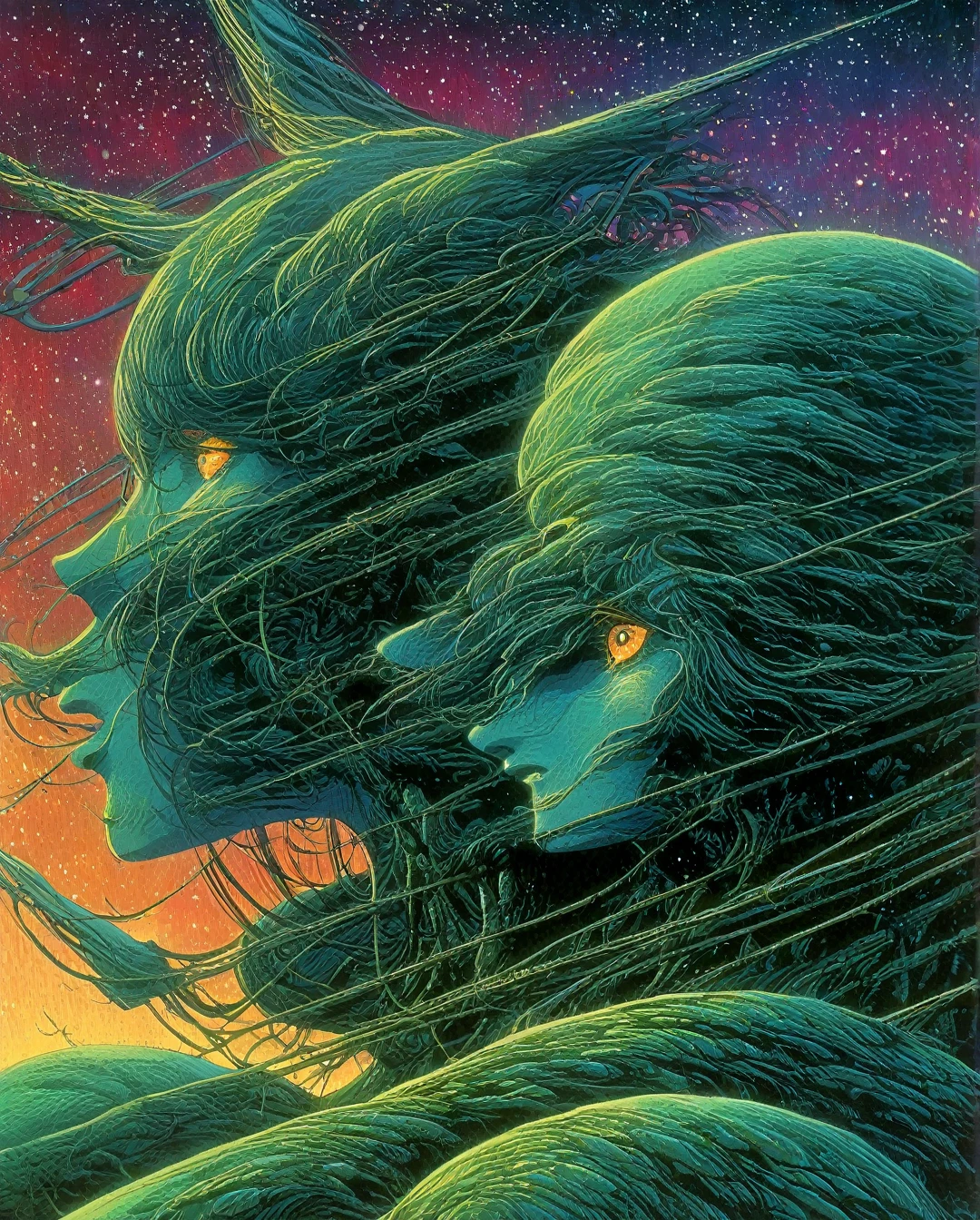 Art style by Richard Corben, Art style by Jim Starlin, Art style by Philippe Caza, (Masterpiece, Top Quality, Super Detail, High Resolution, Best Illustration), 1990s (style), 1980s (style), retro art style, Highest image quality, (Masterpiece, top quality, super detail, high resolution, best illustration), vintage, 1990s \(style\), dynamic angle, female robot pilot, mechanical creature, electronic wires relays computer nerves, girl face, dystopian surrealism, alex ries zdzisaw beksinski giger, very intricate details, demon chinese female, deep luminous eyes contain galaxies, head contains nebula, deep aesthetic, concept art, carved silver circuits diodes resistors semiconductors, highly ornate