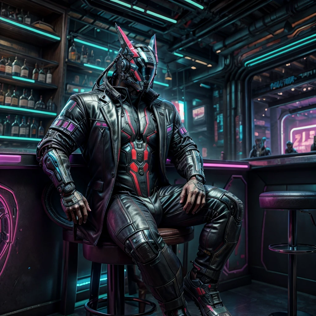 male, (muscular, full nude, only Glowing cyberpunk future helmet, business suit,)  realistic, bar, sitting counter chair,