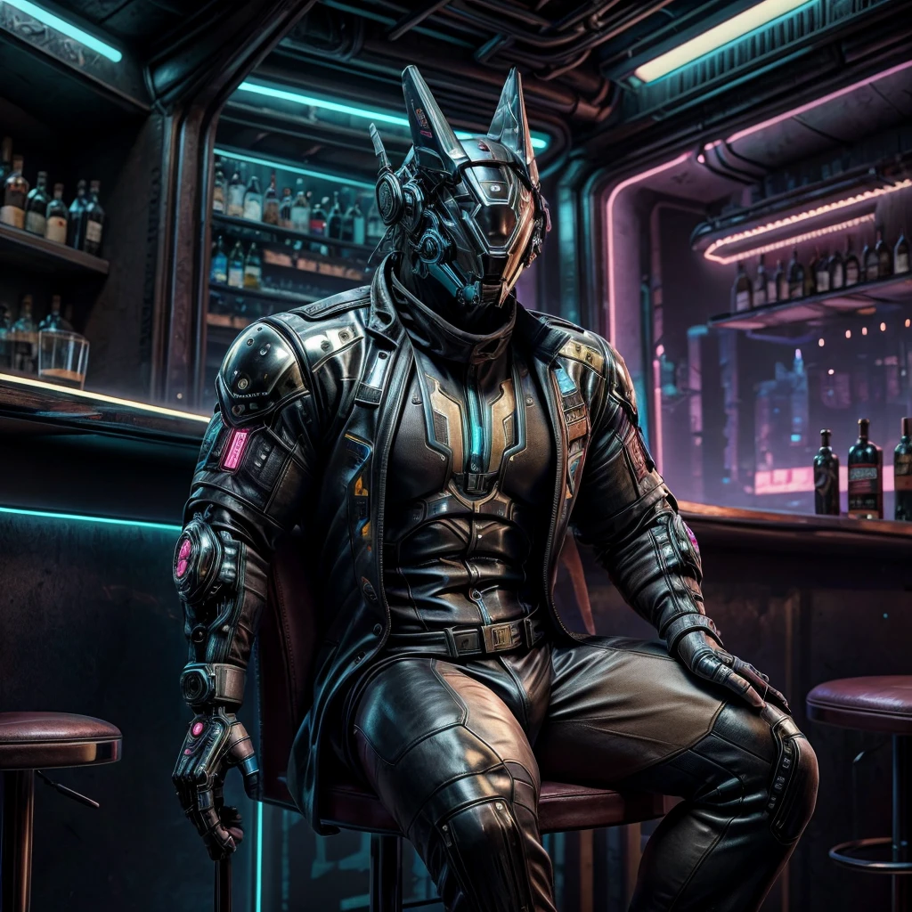 male, (muscular, full nude, only Glowing cyberpunk future helmet, business suit,)  realistic, bar, sitting counter chair,