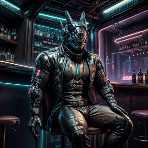 male, (muscular, full nude, only glowing cyberpunk future helmet, business suit,)  realistic, bar, sitting counter chair,