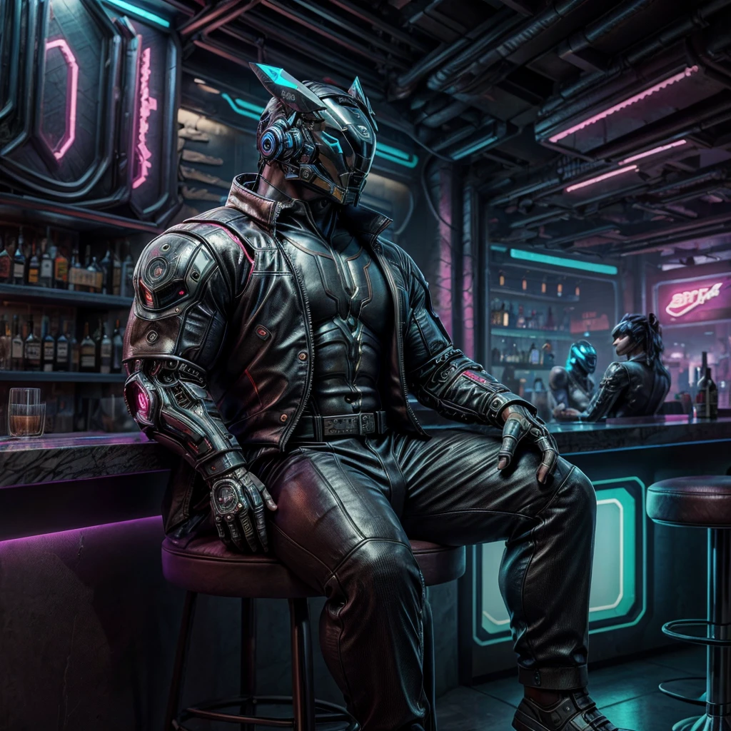 male, (muscular, full nude, only Glowing cyberpunk future helmet, business suit,)  realistic, bar, sitting counter chair,