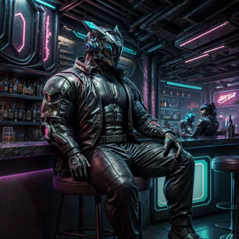 male, (muscular, full nude, only glowing cyberpunk future helmet, business suit,)  realistic, bar, sitting counter chair,