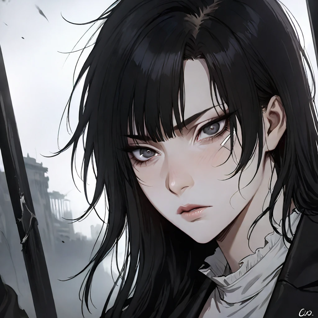 (masterpiece high quality, modern clothes, face close-up 3x4, arcane, caitlyn, black hair, 1girl, long hair, bangs, black attire, messy hair, white top suit, black clothes, anime style character, highly detailed exquisite fanart, realistic anime, black eyes, com os olhos fechados)