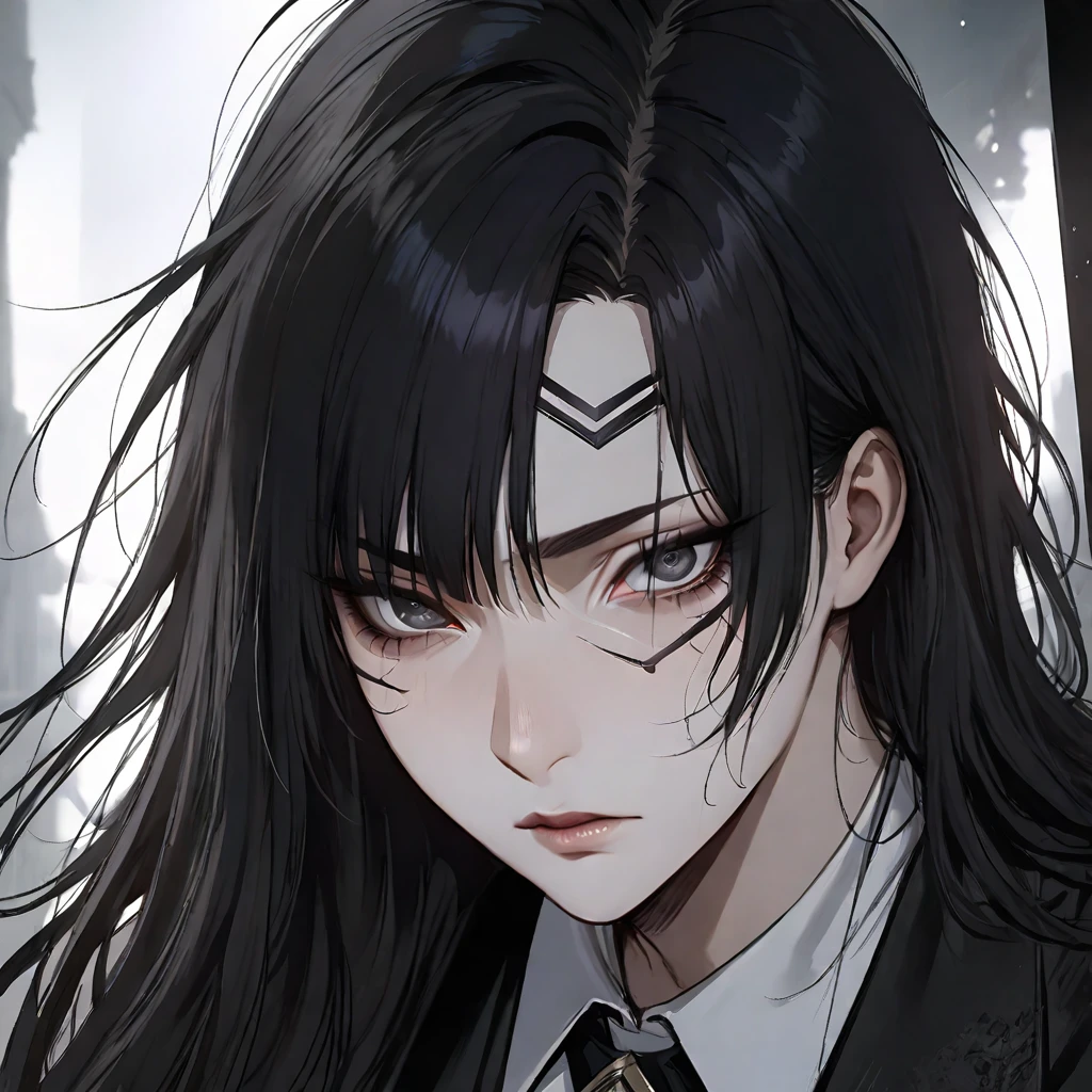 (masterpiece high quality, modern clothes, face close-up 3x4, arcane, caitlyn, black hair, 1girl, long hair, bangs, black attire, messy hair, white top suit, black clothes, anime style character, highly detailed exquisite fanart, realistic anime, black eyes, com os olhos fechados)