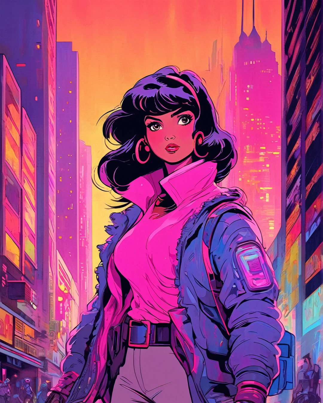 In a gritty cyberpunk metropolis, Dora the Explorer morphs into a stunning digital painting, bathed in neon hues and high-contrast lighting. Her portrait, akin to Henriette Kaarina Amelia von Buttlar's realistic artwork, exudes fashion sense and tenacity. Framed by towering skyscrapers and holographic advertisements, Dora's striking visage dominates the composition, her eyes gleaming like LED lights in a darkened alleyway. Amidst this dystopian landscape, her pose screams defiance, as if ready to conquer the virtual realm with nothing but a backpack full of digital gadgets.,.., in the style of Frank Frazetta, Arthur Rackham, Dean Cornwell, pulp, volumetric lighting, dramatic lighting, pulp sci-fi, black, smoke, belt, backpack, warm colors