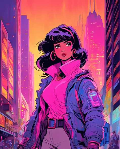 In a gritty cyberpunk metropolis, Dora the Explorer morphs into a stunning digital painting, bathed in neon hues and high-contra...