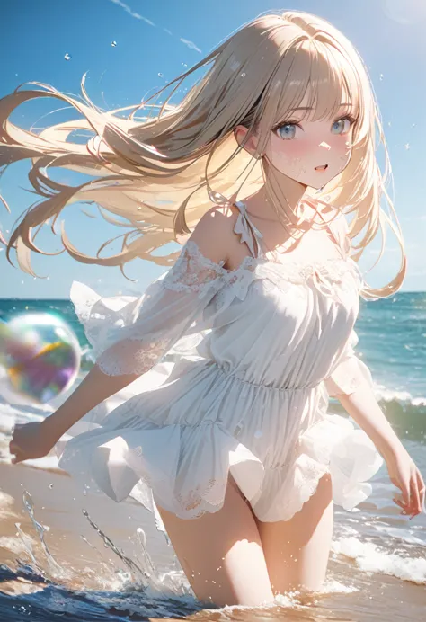 Angelic, One Girl, Black and long straight hair, Sharp Hair, Facial Contour, Remember, , At the Beach, splash, Lens flare, noon,...