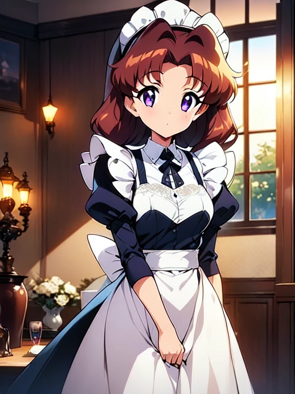 masterpiece, Best quality, 1 girl, purple eyes, orange hair,maid headdress, maid,