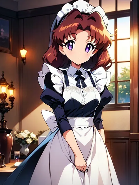 masterpiece, best quality, 1 girl, purple eyes, orange hair,maid headdress, maid,