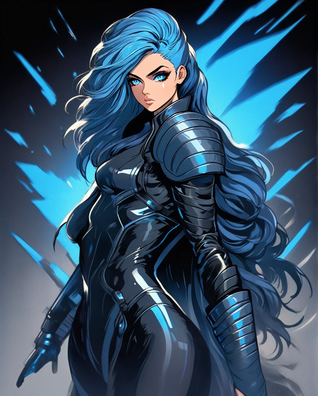 Ultra realistic, young beautiful European woman, with light blue eyes, wild silver and blue hair, muscular body, wearing a black long coat and underneath a black futuristic ninja armor, emitting an aura of power, badass pose