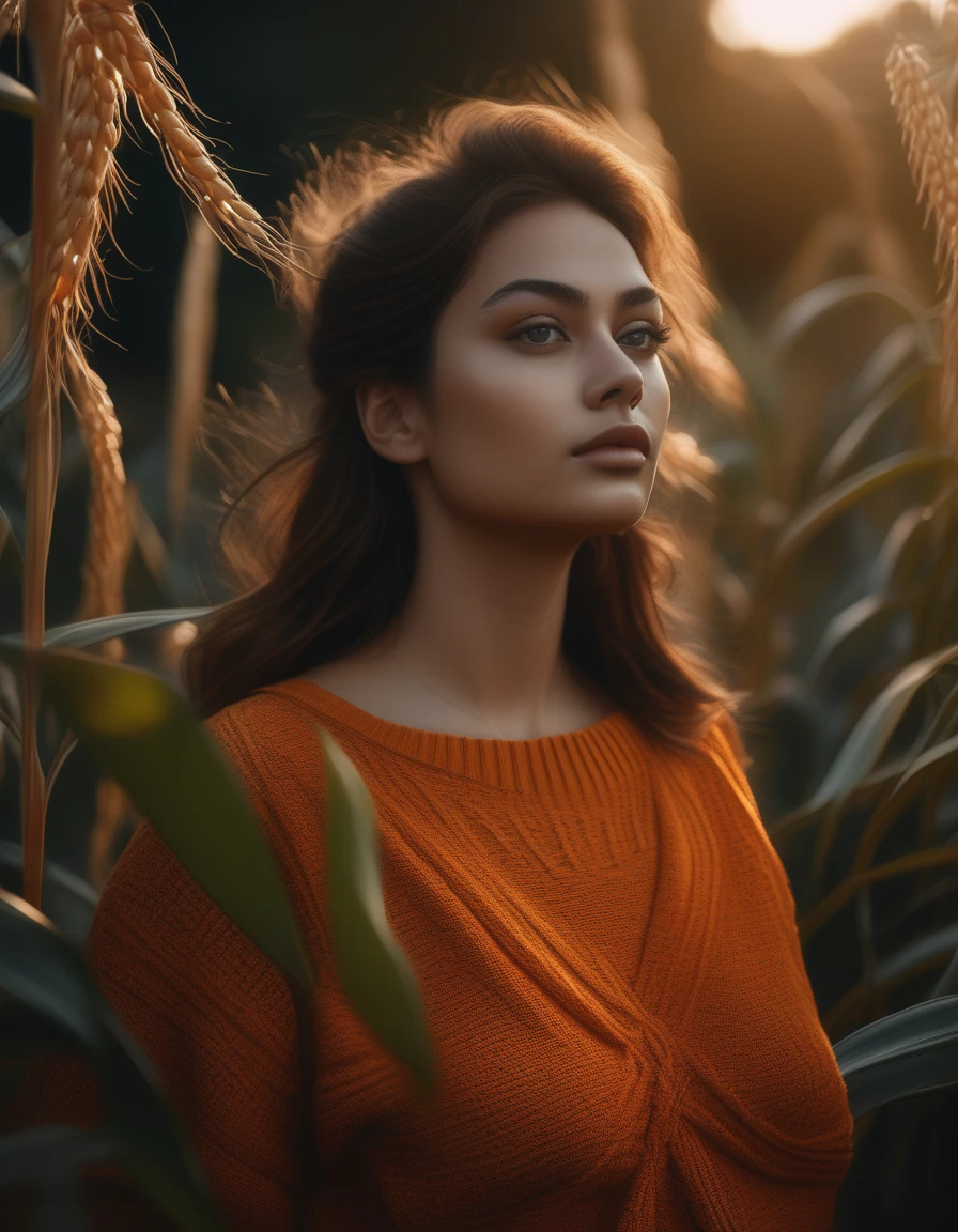 (Dramatic full shot:1.4), (Best quality:1.4),(dynamic angle:1.3), 25y, (chubby:1.3), 1uzbek girl, wearing ((orange sweater night dress)), big breast, wavy  bun hairstyle blowing in the wind, summer, dark moody, (shadow and sunlight:1.3), intricate posing, standing in the garden with (dry corn plants:1.5), aesthetic atmosphere, kodacrhome, cinematic lighting, masterpiece composition, realistic face and eyes, realistic skin, ultra highly detailed, sharp focus, beautiful film bokeh, surreal view, shot by zenit camera with 35mm lens, Portrait by annie leibovitz, in 2024