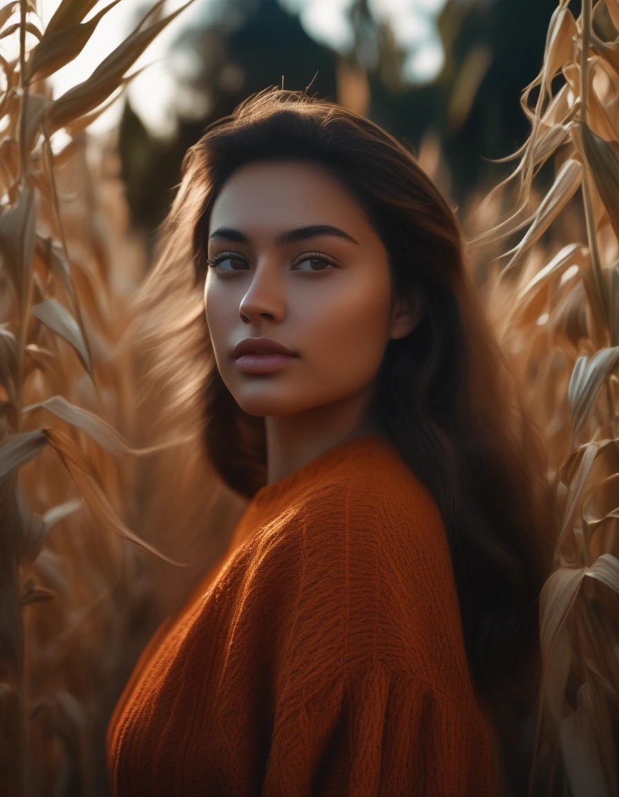 (Dramatic full shot:1.4), (Best quality:1.4),(dynamic angle:1.3), 25y, (chubby:1.3), 1uzbek girl, wearing ((orange sweater night dress)), big breast, wavy  bun hairstyle blowing in the wind, summer, dark moody, (shadow and sunlight:1.3), intricate posing, standing in the garden with (dry corn plants:1.5), aesthetic atmosphere, kodacrhome, cinematic lighting, masterpiece composition, realistic face and eyes, realistic skin, ultra highly detailed, sharp focus, beautiful film bokeh, surreal view, shot by zenit camera with 35mm lens, Portrait by annie leibovitz, in 2024