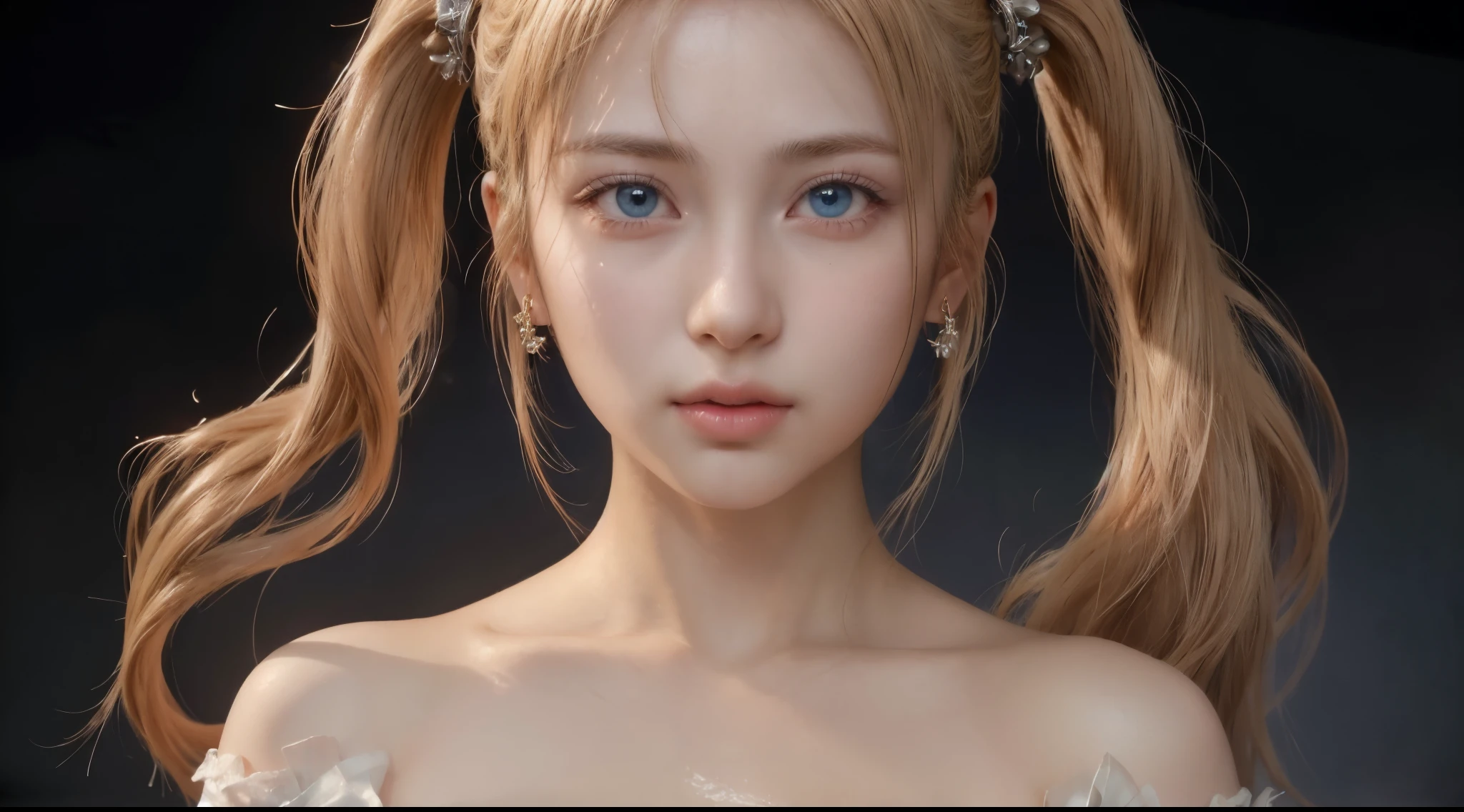 1girl, (solo:1.4), detailed skin, skin pores, shiny skin, oiled skin, (moist skin), (glistening skin), twintails, bangs, strapless bra, lingerie, off-shoulder, see-through detached short puff sleeve, cleavage, navel, thighs, shoulder, clavicle, see-through thongs, intricate jewelry, ornamental-trimmed, subtle ornamental earring, bracelet, sharp focus, (realistic:1.3), smooth lighting, cinematic lighting, (highest quality:1.4), blue eyes, (detailed texture:1.3), (gigantic breasts:1.2),