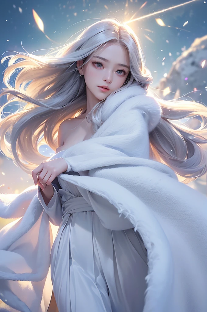 ((masterpiece:1.5、8k、Portraiture、Photorealistic and very detailed CG、Very detailed、Particle Effects、Dynamic Effects、Shallow depth of field、Cinematic Light、Lens flare、Ray Tracing、Tabletop、Realistic:1.4、Ultra-high resolution:1.2、Realistic、Realistic))((alone、,Woman wearing a white fur coat over an off-the-shoulder dress:1.4、wear a long scarf、Elegant woman posing、Detailed face、brightexpression、young, bright, Whiter skin、Ample breasts、Best Looks、Ultimate beauty、Shiny silver hair with highlights、bright and shiny hair,、Super long, Silky straight hair、Hair dancing in the wind))(morning、The setting is outdoors in the snow、Surrounded by illuminations)
